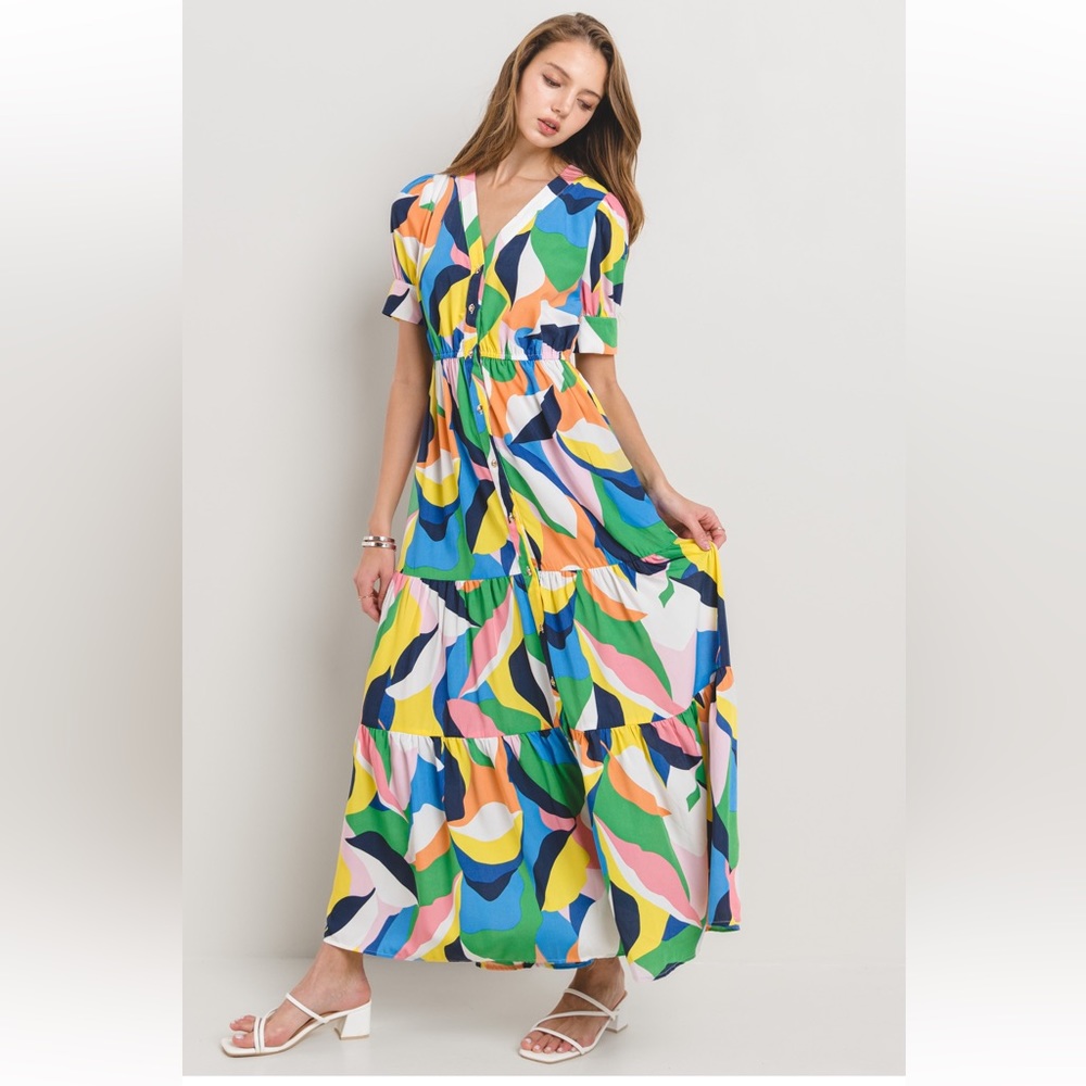 38 Beautiful Multi Color Tiered Button Down Maxi Dress - Picture 1 of 5